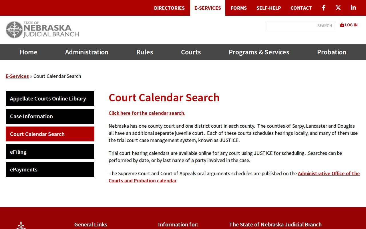 Hall County court dates Nebraska Judicial Branch calendar explanation