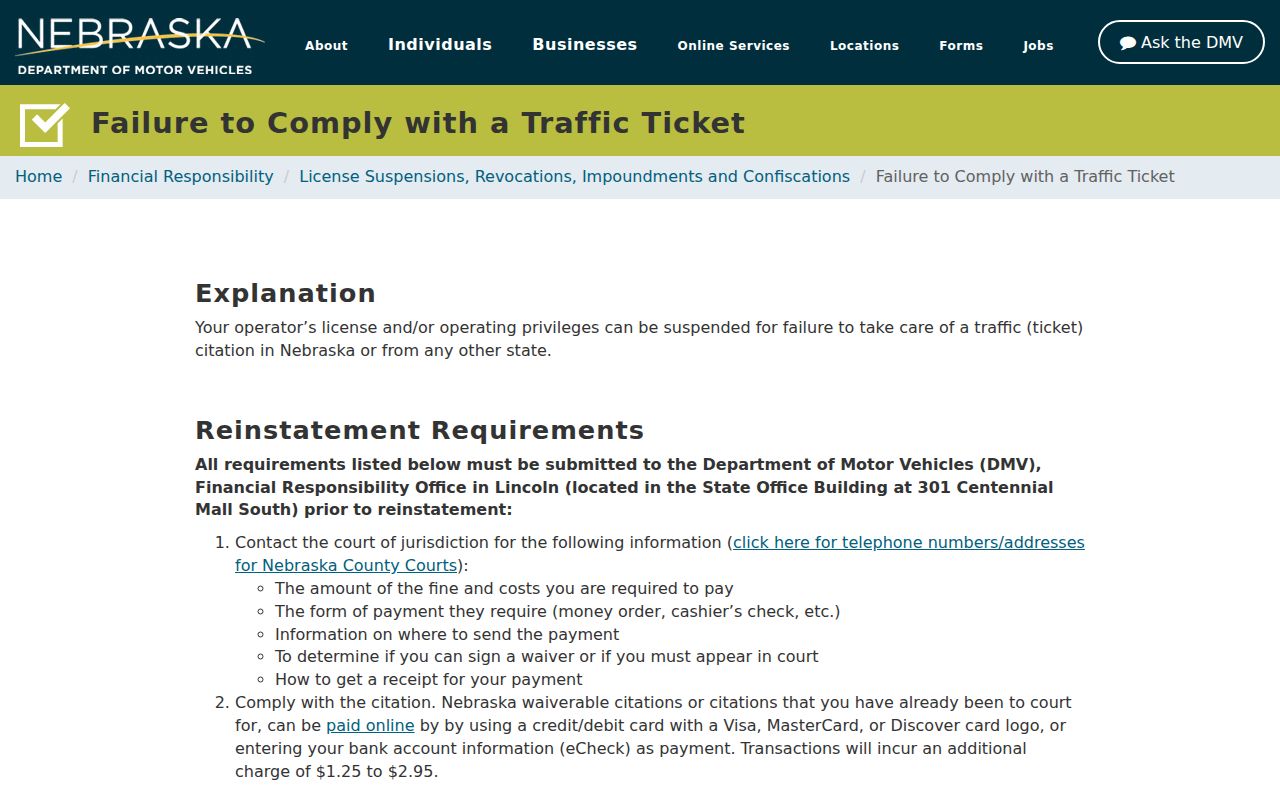Hall County traffic tickets Nebraska DMV failure-to-comply information